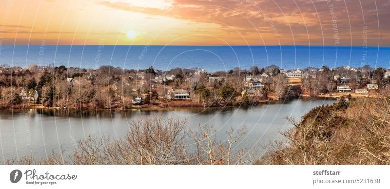 Skyline view of sunrise over Scargo lake and the ocean from the Scargo Tower in Dennis Scargo Lake Cape Cod skyline sunset ocean view landscape Dennis