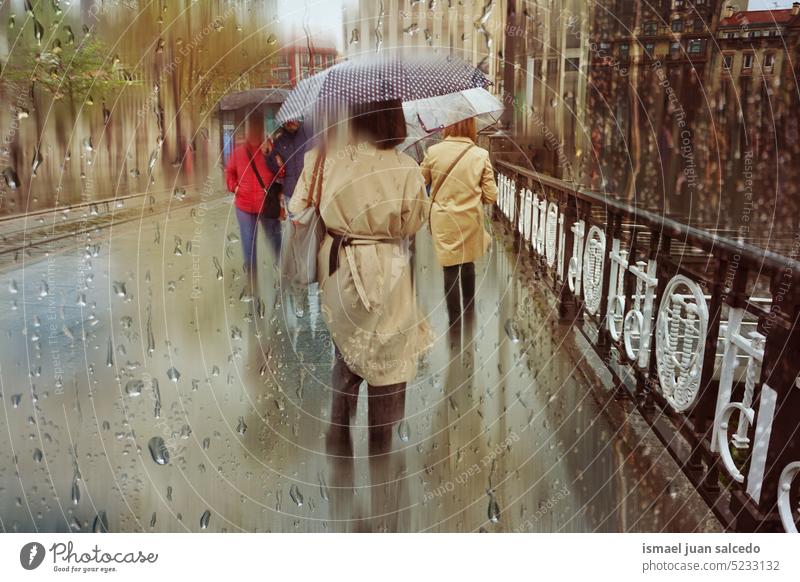 people with an umbrella in rainy days in winter season, bilbao, basque country, spain person pedestrian one person raining rainy season water drops street city
