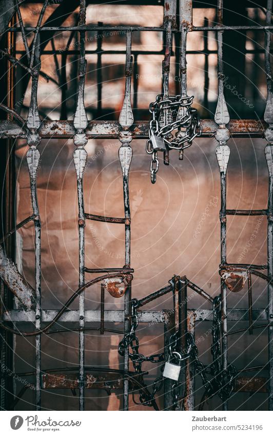 Old iron gate with wrought iron work in front of backyard, secured with chains and locks, with gap Goal Iron gate Metal Gap Hollow Lock Chain secure sb./sth.