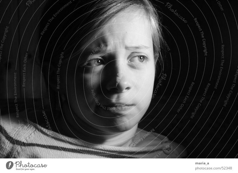 Girl 4# Child Black Dark Emotions Light Portrait photograph Bright Contrast Face Black & white photo B/W Facial expression Ask