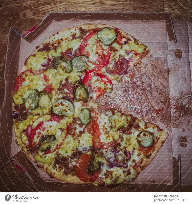 Pizza ordered in a pizza box with cheese, tomatoes and cucumbers, thanks to the delivery service Pizza service Red Cheese Meal Box Green Food Vegetable Tomato
