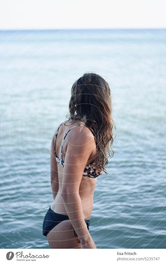 SUMMER - VACATION - SEA Woman Bikini Ocean Brunette Long-haired wet hair bathe keep an eye out Water Swimming & Bathing Vacation & Travel Relaxation Wet