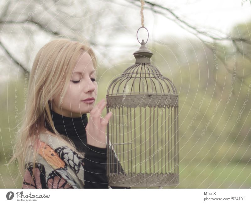 Golden cage Beautiful Calm Meditation Human being Feminine Woman Adults 1 18 - 30 years Youth (Young adults) Park Forest Emotions Moody Dream Longing