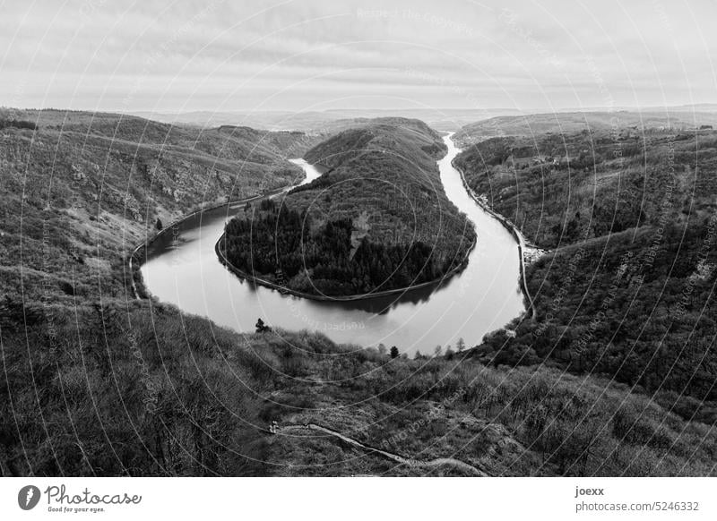 B/W image of the Saar loop from above River Landscape Saarland Nature Panorama (View) Hiking