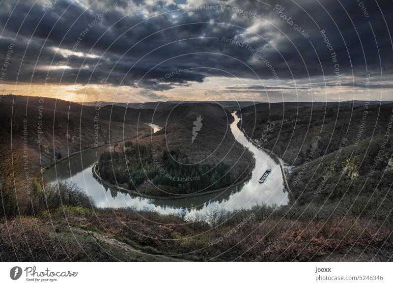 Color photo of the Saar loop from above Nature Saarland Landscape River Hiking Panorama (View) ship Colour photo Exterior shot Deserted Sky Day