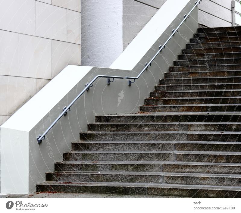 step by step Stairs stagger stair treads Architecture Structures and shapes Upward Downward Go up Deserted Gray rail Concrete