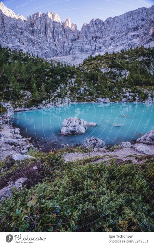 Beautiful turquoise mountain Sorapiss lake in Dolomites, Italy dolomites view italy sorapiss summer scenic travel outdoor landscape water blue tourism nature