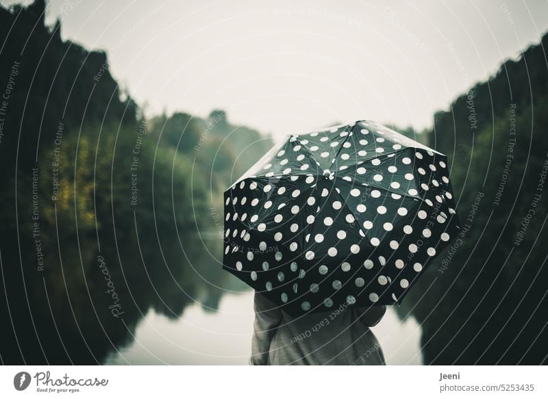 [HH unnamed road] Melancholy in autumn Umbrella Spotted Autumn Umbrellas & Shades Human being Woman Rear view Stylish Noble Wet Rain Weather Style Lady Coat