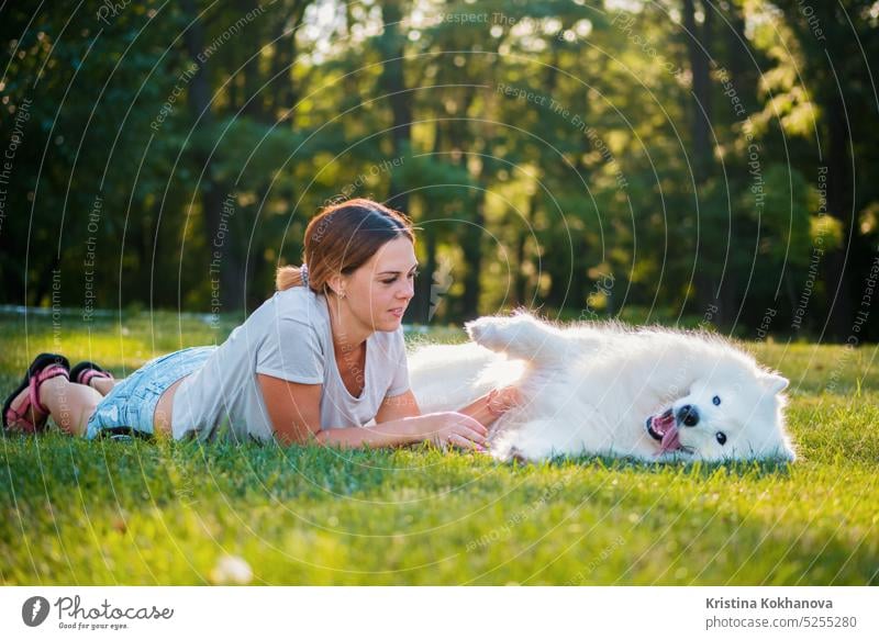 An adult woman with red hair plays and strokes her dog of the Samoyed breed. White fluffy pet in a park with mistress on a green lawn have fun. active adorable