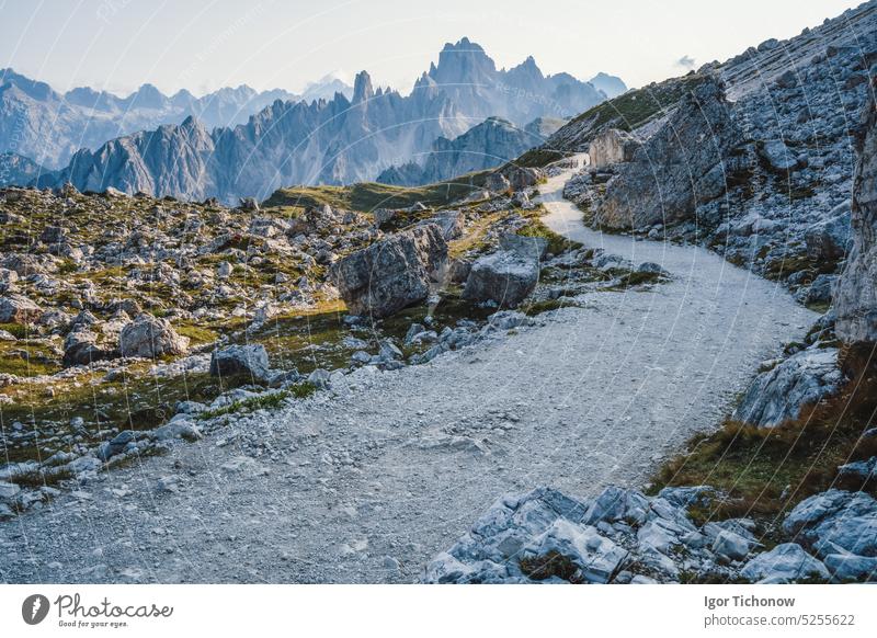 Hiking trail to Cime di Lavaredo with Cadini di Misurina mountain group in background. Dolomites, Italy lavaredo dolomites italy cime rifugio tourism