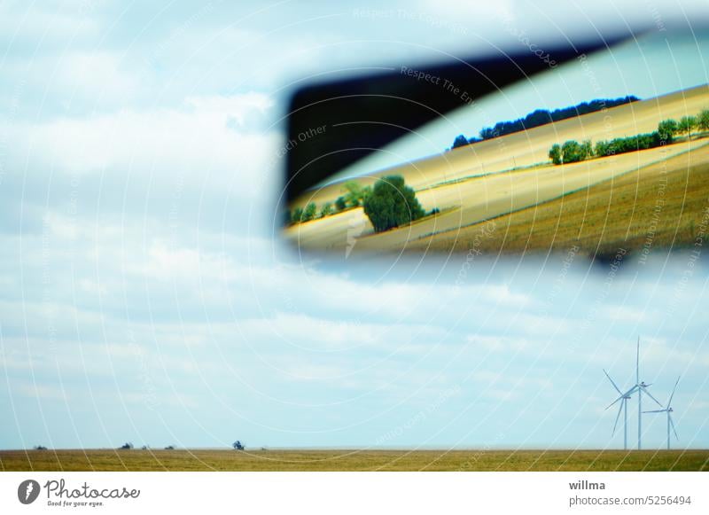 Summer, retrospective Rear view mirror fields windmills Grain fields Stubble fields Review Summery Landscape Motoring Summer's day travel wind power