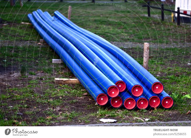 Bright blue PVC pipes neatly laid on the lawn, ready to lay fiber optic cable reeds Pipe Cable tube Fiber optics Sheepish Build Plastic tubes Blue luminescent