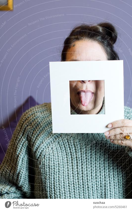 woman makes rejecting gesture Woman Picture frame Tongue Stick out tongue Cancelation Brash Mouth Grimace you can kiss my ass Hand