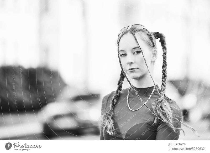 Black and white portrait of teenage girl - raver girl styled with braids in cool techno outfit Black & white photo Lifestyle Puberty Cool (slang) Girly