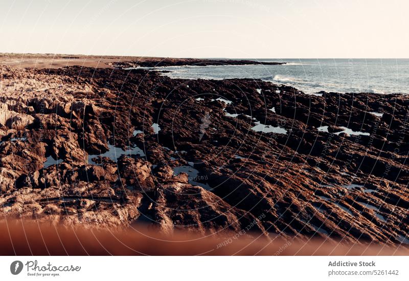 Rocky formations on seashore under cloudless sky ocean boulder stone water wave nature picturesque scenery rough rocky seascape uneven idyllic peaceful