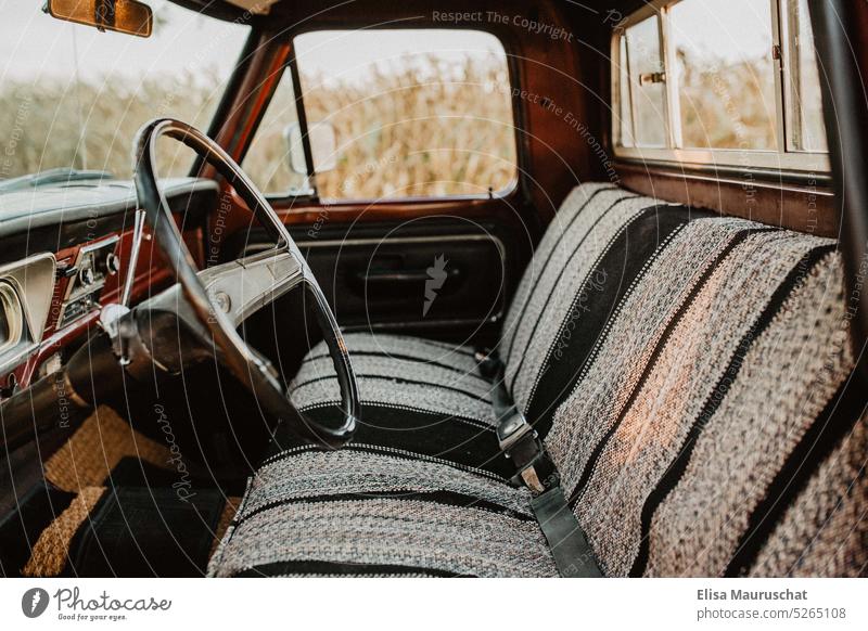 Pickup interior Pick-up truck Vintage car Steering wheel Car Nostalgia Vehicle Motoring Old Retro Car body Means of transport Tin road trip ford Car seat Style