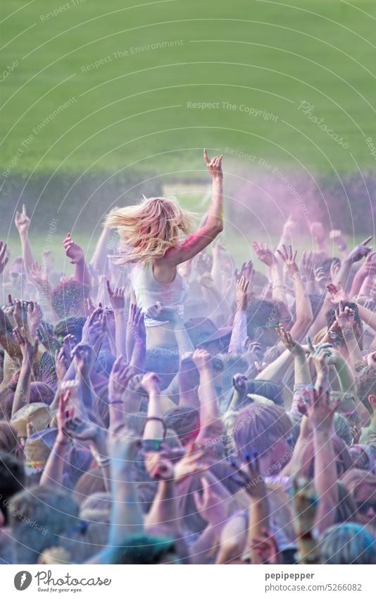 Holi Festival festival Youth (Young adults) Joy Summer Colour photo Feasts & Celebrations Happiness Event Party Exterior shot Entertainment Happy Dance Concert
