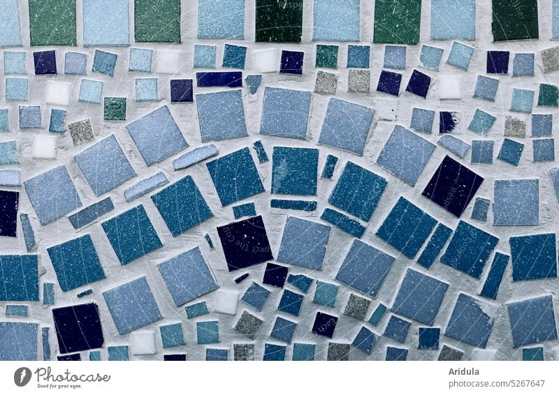 Blue mosaic wave Mosaic Wall (building) wall design squares bluish Gray Water Pattern Tile Facade Structures and shapes Detail Architecture Sharp-edged