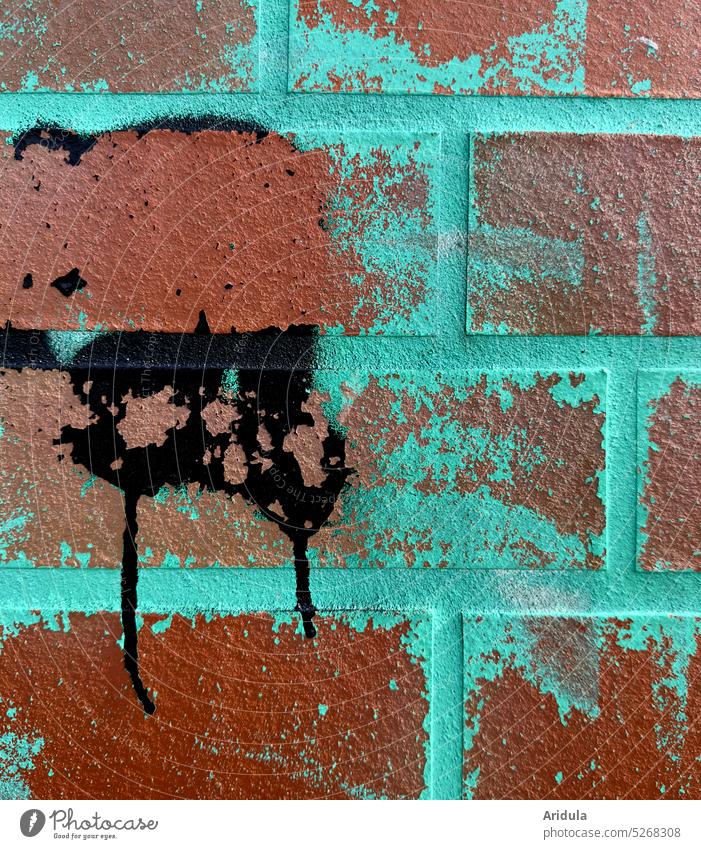Old graffiti on clinker wall Graffiti Wall (building) Colour Turquoise Painting (action, artwork) Art Wall (barrier) Creativity Street art Culture Trashy