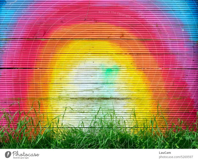 A rainbow stands in the green grass Rainbow variegated colored Grass blades of grass Painted Sun Happy Treasure painting Creativity Weather colourful