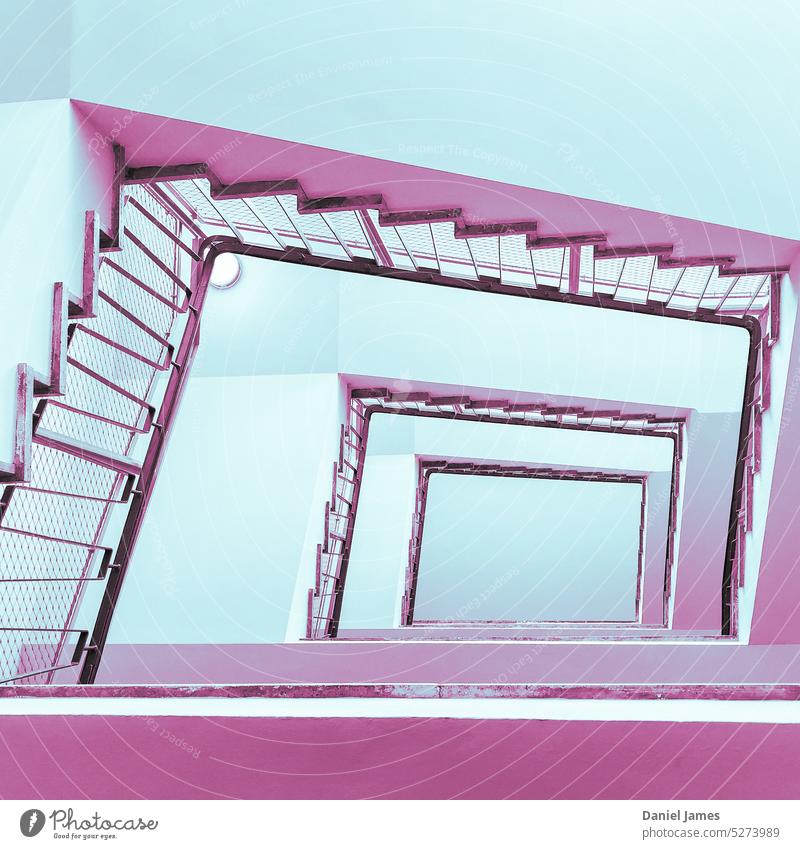 Mesmerising square stairwell in shades of pink and blue Stairs Square Looking up Architecture Go up Banister Handrail Building Geometry Abstract Vertigo