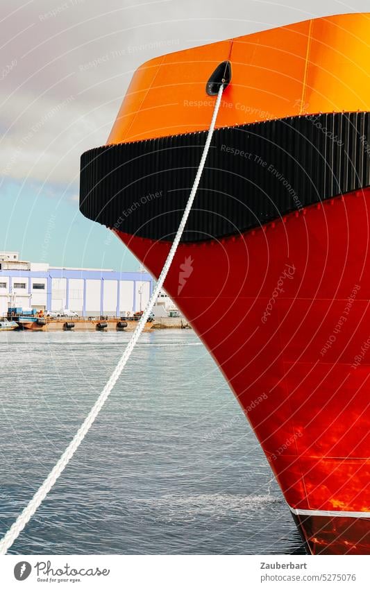 Orange red bow of a ship with foreline Red Harbour leash front line Fastener Dew Abstract shipping minimal lines Crossed Swing Hang Maritime Rope Navigation
