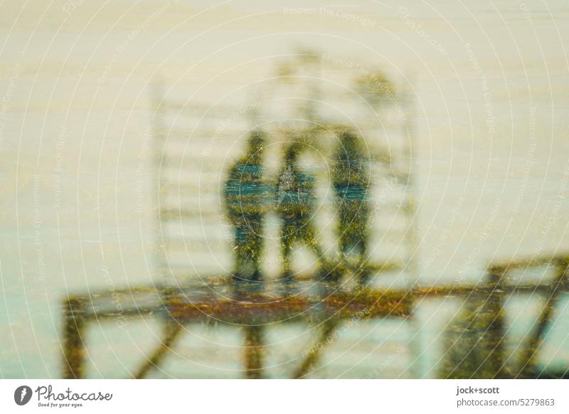 3 people on the platform have the overview working scaffold Scaffolding Silhouette Human being Double exposure Reaction Experimental Structures and shapes