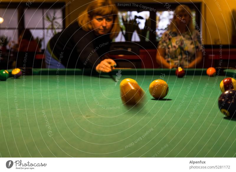 MainFux | Full hit Pool (game) Billard bowle billiard Playing Leisure and hobbies Sphere Interior shot Green Woman Colour photo Queue Joy Pool billard