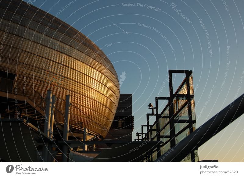 Architecture, Expo pavilion in the evening sun House (Residential Structure) Building Vapor trail Light Hannover Modern Sky Gold World exposition Evening