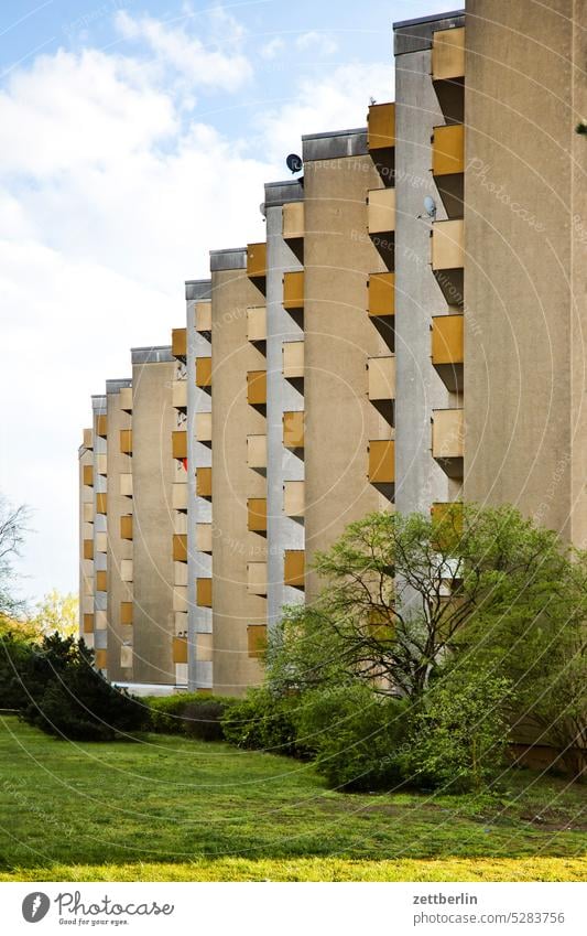 apartment block, old new building, facade, balconies on the outside Fire wall Facade Window House (Residential Structure) Sky Sky blue rear building Backyard