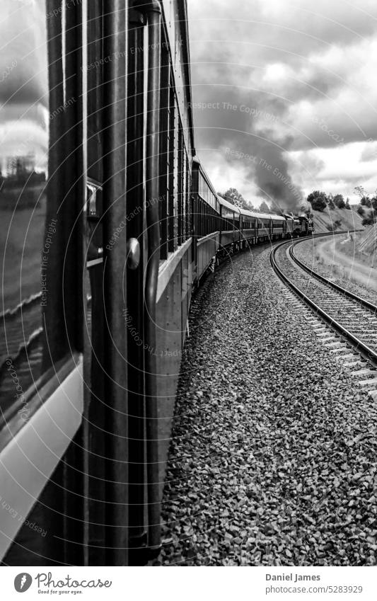Steam train rounding a bend. steam train Train Smoke Old Historic Vintage Black & white photo Railroad Engines Steamlocomotive Rail transport Train travel