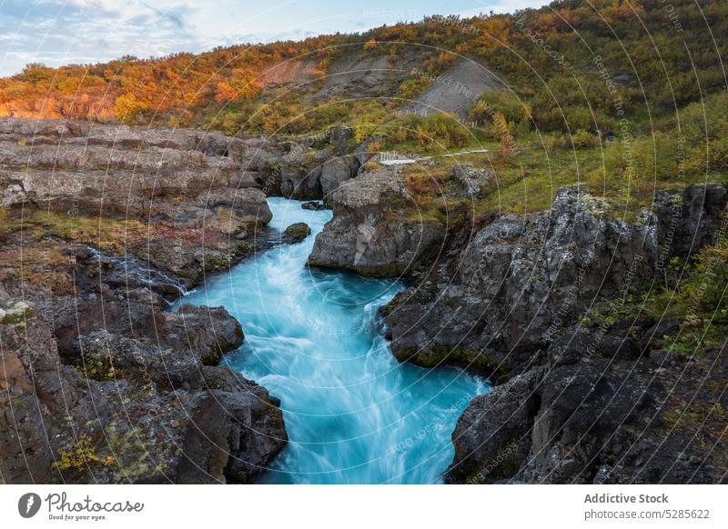River flowing through rocky mountains landscape cliff river autumn stream nature tree waterfall scenery scenic environment rapid iceland picturesque formation