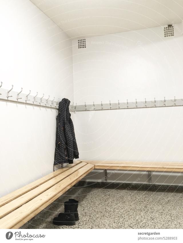 Changing room stink dressing Sports Minimalistic bench garments Checkmark Room interior Hang stale sniff Deserted Wall (building) Interior shot Colour photo