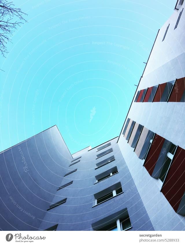 Frog perspective | All just a facade Worm's-eye view Sky Architecture High-rise Building Facade Blue Tall Threat roof edge Jump Structures and shapes