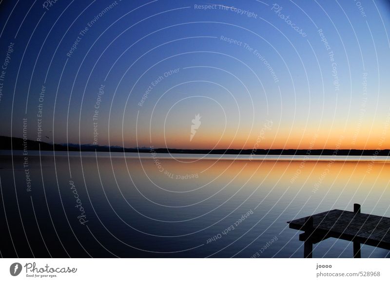 Sunset at the lake Landscape Water Sky Cloudless sky Alps Lakeside Esthetic Orange Horizon Calm Footbridge Lake Ammer Colour photo Exterior shot Copy Space left