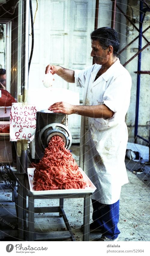 carnicero a la carne Nutrition Greece Man Meat White Butcher Work and employment Town colour. process c41 blue market color. edit c41 Food Markets work old man