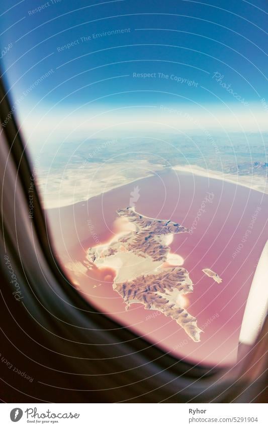 Aerial View Of Lake Urmia From Window Of Plane. Beautiful Lake Urmia Is An Endorheic Salt Lake In Iran. Aerial View Of Jezireye Island-Eshek. West Azerbaijan Province, Iran, Kurdistan