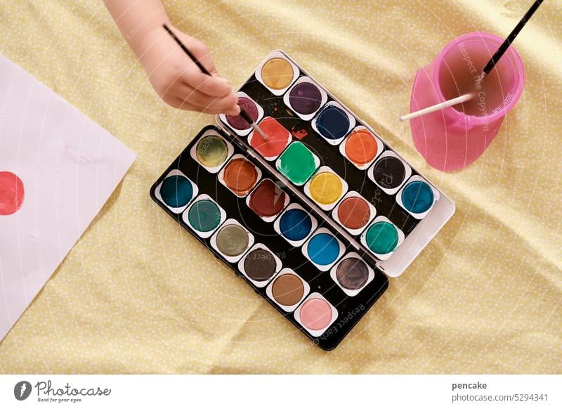 color | collection colors Painting (action, artwork) Watercolours Paintbox Child hands Employment Creativity Leisure and hobbies Paintbrush Multicoloured