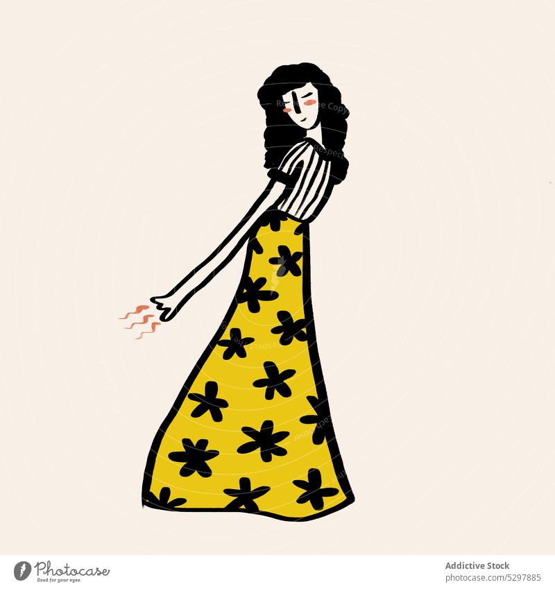 Vector illustration of woman in colorful pants dancing dancer smile move style vector character art cheerful flower cartoon element carefree joy vivid long hair
