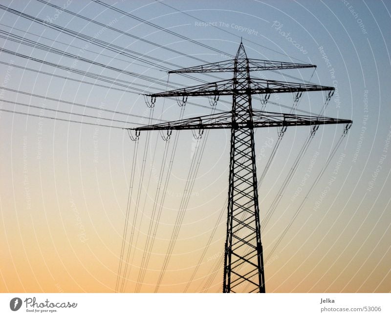 power pole Energy industry Sky Blue Electricity pylon Orange Colour photo Sunlight Twilight Deserted High voltage power line