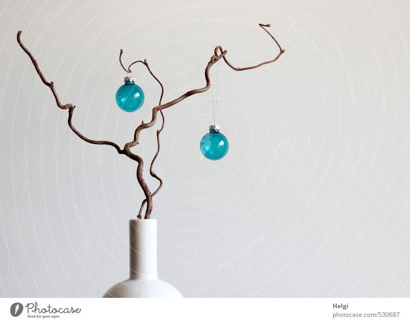 in a white vase stands a twig, two blue glass balls hang from it in front of a white background Living or residing Flat (apartment) Decoration Vase Glitter Ball