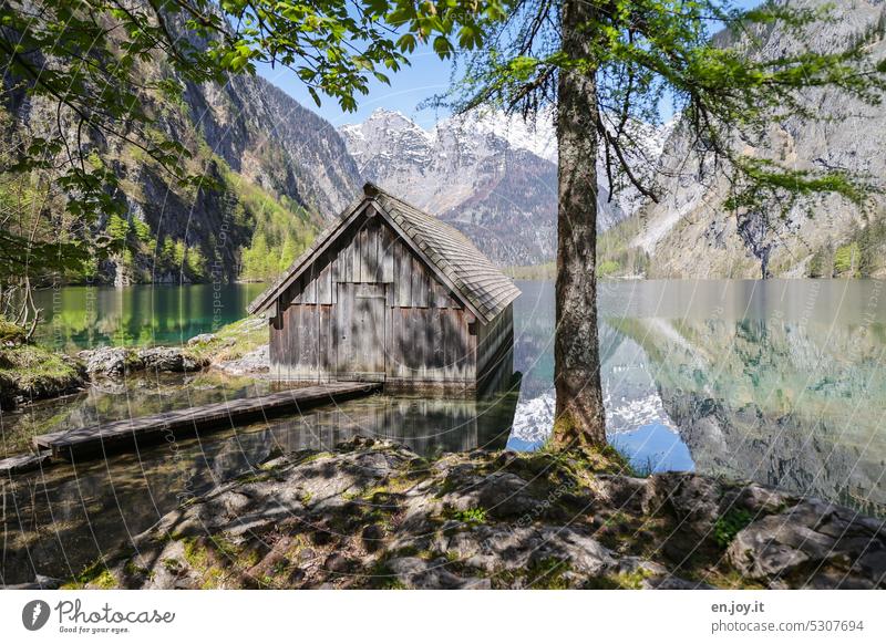 Boathouse at the upper lake Hut Lake Lake Obersee mountain lake Berchtesgaden Alpes Berchtesgaden Country Lake Königssee Lakeside mountains