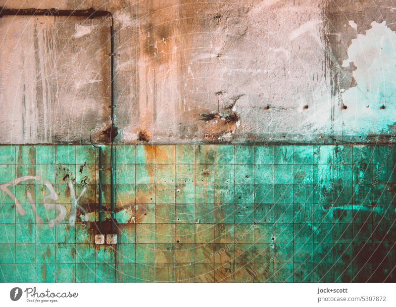 Wall with tiles is weathered and lost Background picture Wall (building) Structures and shapes Tile Weathered Dirty lost places Old Derelict Ravages of time