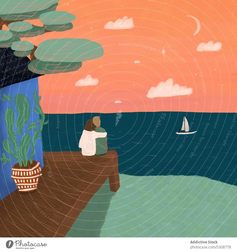 Illustration of couple enjoying view of sea romantic embrace hug relationship admire starry sky illustration night together boat love platform wooden evening