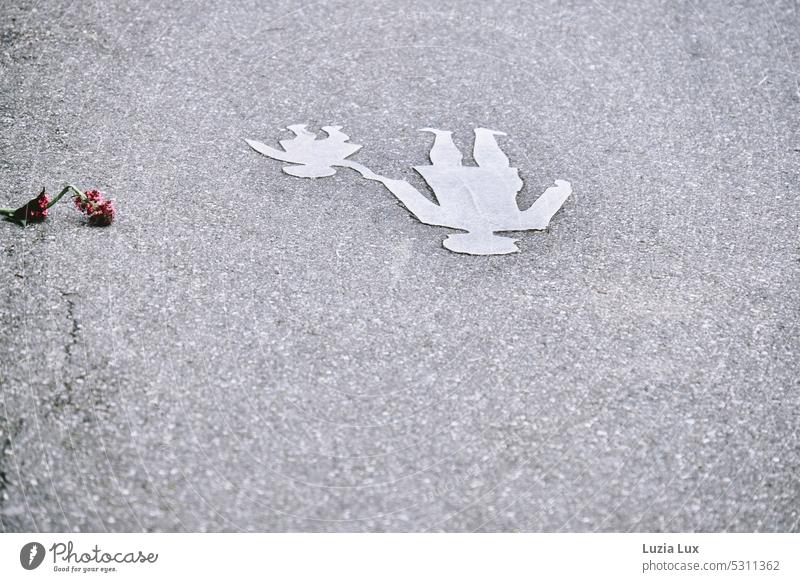 Sidewalk sign, woman holding child by the hand. In addition, a bent, wilting pink spur flower Flower Day Deserted Blossom Nature Colour photo Pink pretty