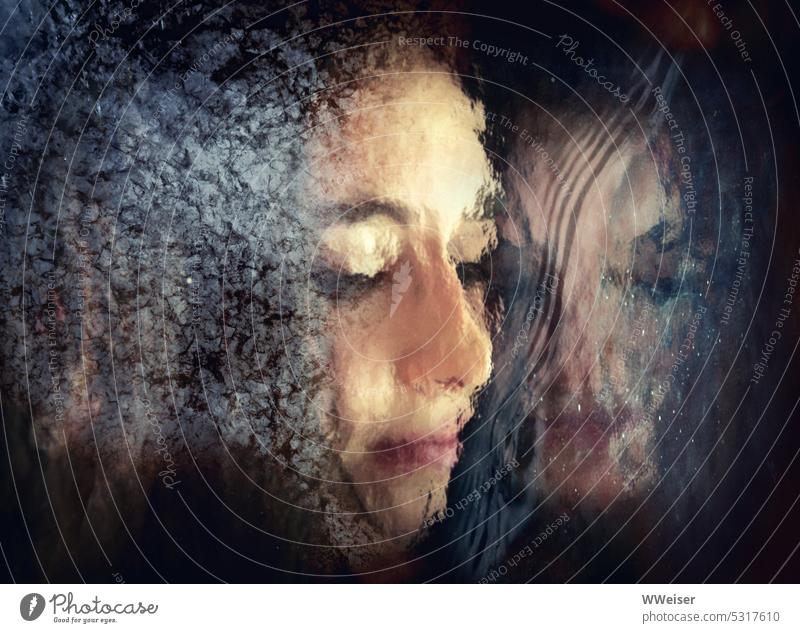 Are they the faces of two different young women or one that is mirrored? Woman Girl pretty Dreamily proximity Mirror image reflection Soul thoughts Think