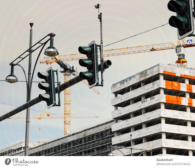 Traffic lights, facades, crane and red accent at Alexanderplatz Construction site Facade Crane alex Berlin Dynamic change Build Town Building Manmade structures