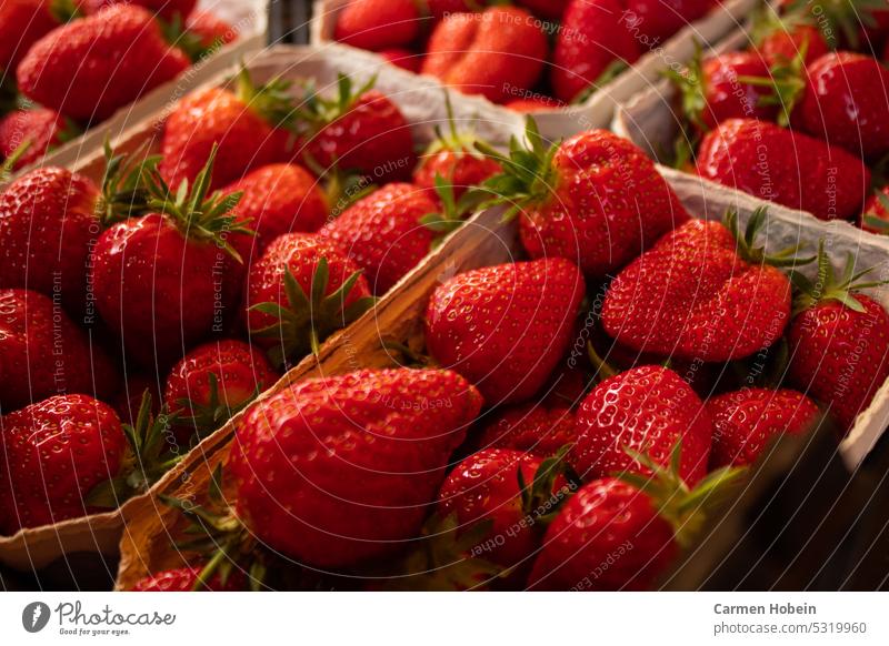 red strawberries with green stems in sale trays Strawberry strawberry Bowls delicious cute sales booth Green stems Food Dessert Juicy Colour photo Close-up