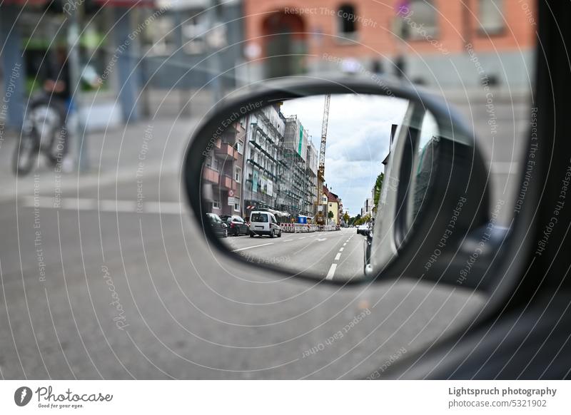 View of construction site in the rearview mirror. Asphalt Autobahn Car Construction Site Crash Crowded Driving Germany Headlight Highway Horizontal Journey