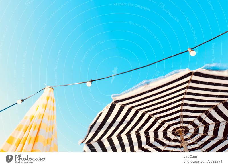 summertime parasols Summer Sun sun protection Beautiful weather Sunshade holidays vacation Striped Summer vacation Sunbathing Sky Fairy lights Blue sky Yellow